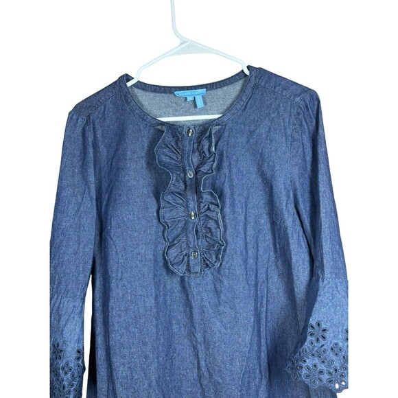 Draper James Womens Size 10 Denim Chambray Dress Ruffle Front Bell Sleeve - Picture 3 of 14